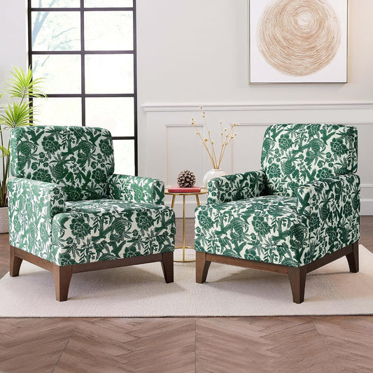 Floral Accent Armchair Set of 2, Retro Wingback Upholstered Armchair with Wide Dipped Back Design and Wooden Legs, High Back Armchair, Leisure Single Sofa Chair for Living Room, Bedroom, Green