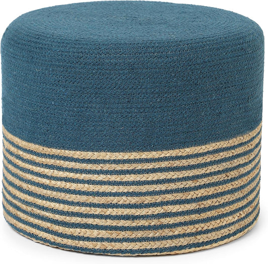 REDEARTH · Cylindrical Pouf Foot Stool Ottoman - Jute Braided Pouffe Poof Accent Sitting Footrest for Living Room, Bedroom, Nursery, Patio, Lounge & Other Rooms (Teal Natural, 18"x18"x14")