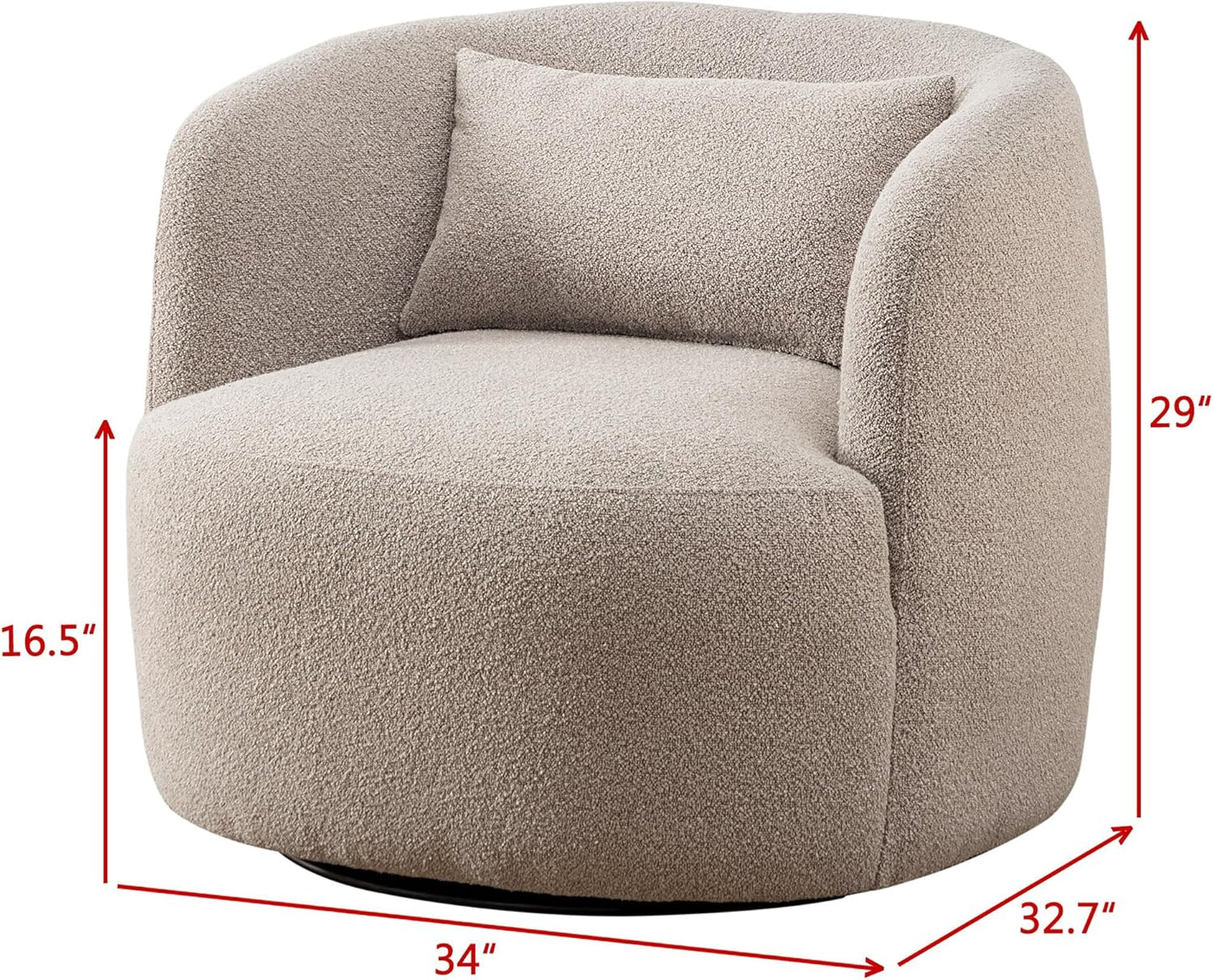 KINWELL 34" Wide Boucle Swivel Barrel Chair, No Assembly Round Upholstered Armchair Accent Chair Single Sofa Chair with Toss Pillow for Living Room and Bedroom, Taupe