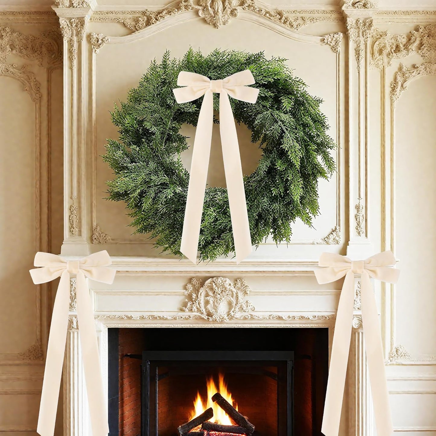 Senjie Velvet Large Christmas Bows for Staircase Garland Wreath, 20in x 8in Vintage Ribbon Bows with Twist Tie for Xmas Tree Holiday Indoor Outdoor Decorations (6Pcs, Beige)